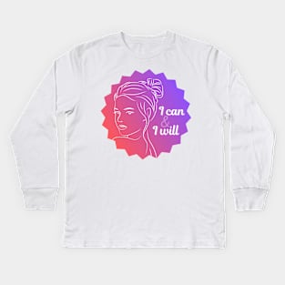 I Can & I Will (Pink Purple Woman Line Art) Kids Long Sleeve T-Shirt